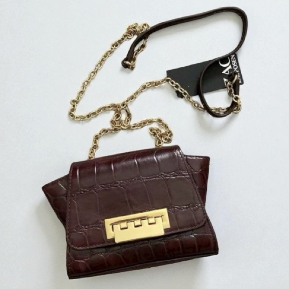 Zac Posen Eartha crossbody small mini bag crocodile print, chain strap burgundy